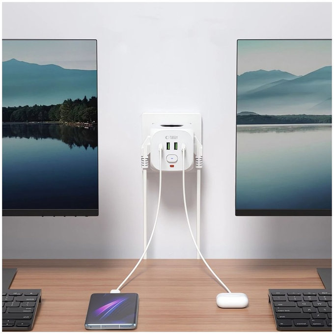 Predlžovací kábel PCL3X4 Power Socket, 2× USB + 2× USB-C, 3 zásuvky, biela, Tech-Protect