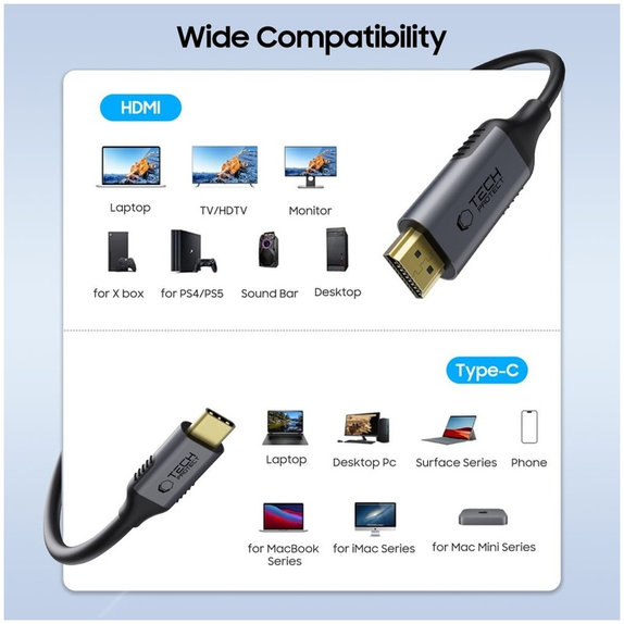 Kábel Ultraboost Cable USB-C / Hdmi 2.0 4K 60Hz 180cm, čierna, Tech-Protect
