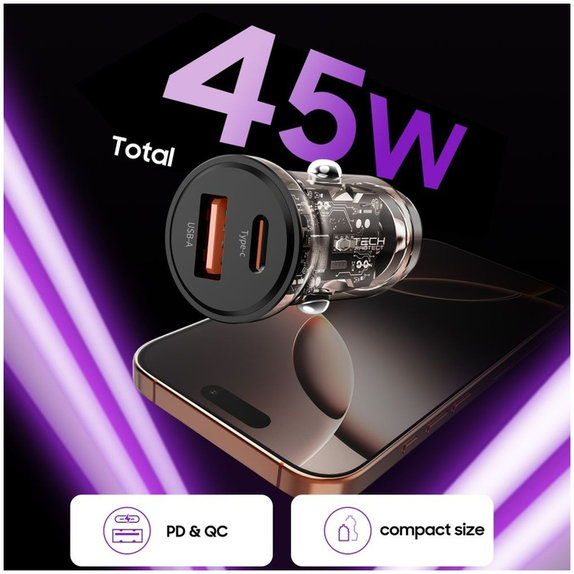 Autonabíjačka CC01 2-PORT PD 45W / QC3.0, čierna, Tech-Protect