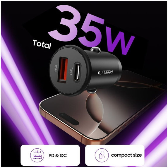 Autonabíjačka CC02 2-PORT PD 35W / QC3.0, čierna, Tech-Protect