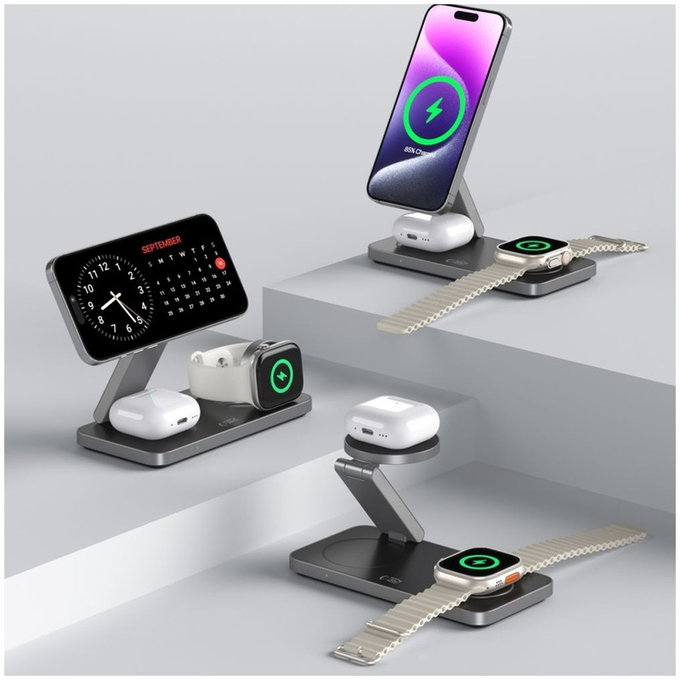 Bezdrôtová nabíjačka QI15W-A47 3IN1 Magnetic MagSafe, čierna, Tech-Protect