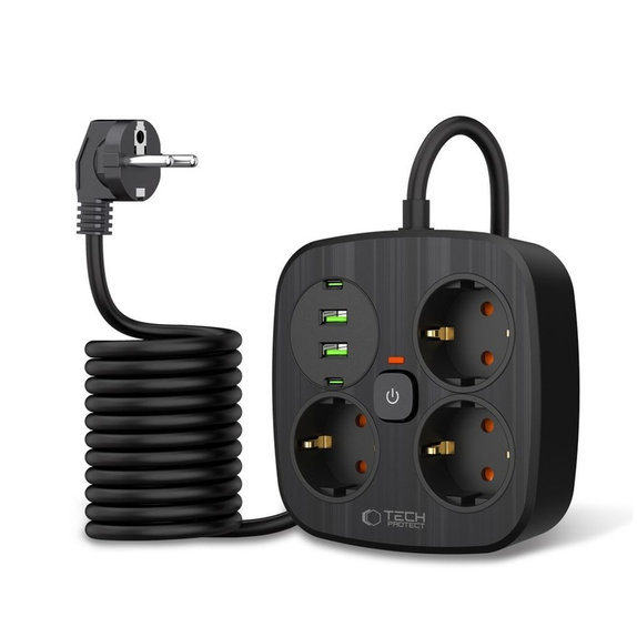 Predlžovací kábel PCS3X4 Power Strip, 2× USB + 2× USB-C, 3 zásuvky, 200 cm, čierna, Tech-Protect