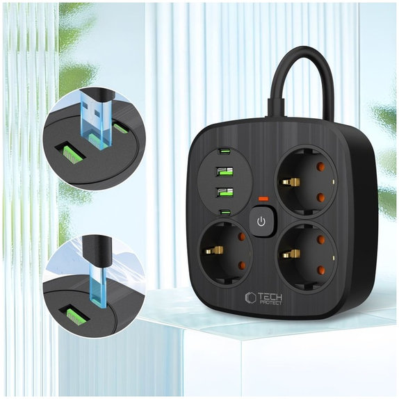 Predlžovací kábel PCS3X4 Power Strip, 2× USB + 2× USB-C, 3 zásuvky, 200 cm, čierna, Tech-Protect