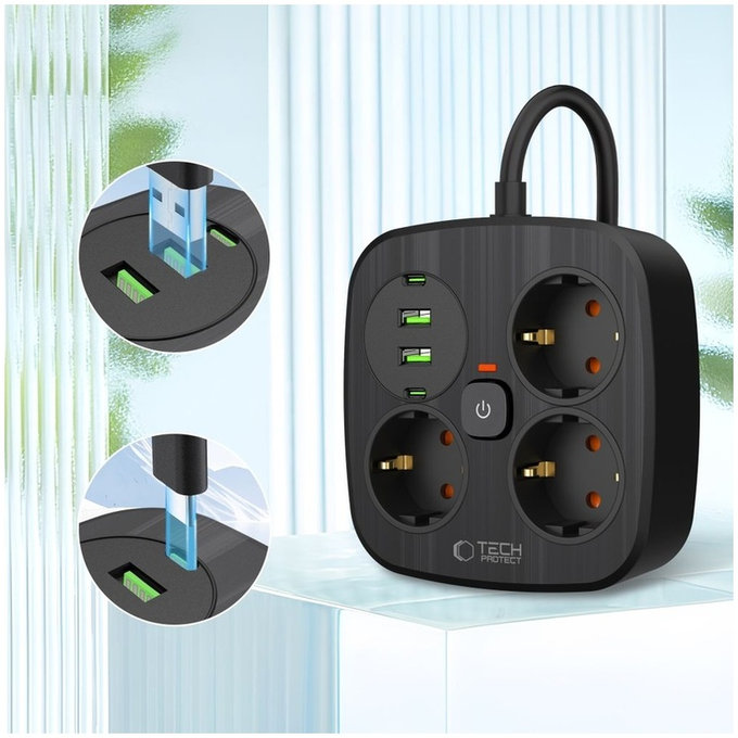 Predlžovací kábel PCS3X4 Power Strip, 2× USB + 2× USB-C, 3 zásuvky, 200 cm, čierna, Tech-Protect