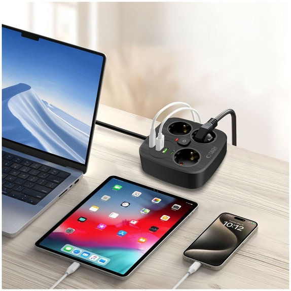 Predlžovací kábel PCS3X4 Power Strip, 2× USB + 2× USB-C, 3 zásuvky, 200 cm, čierna, Tech-Protect