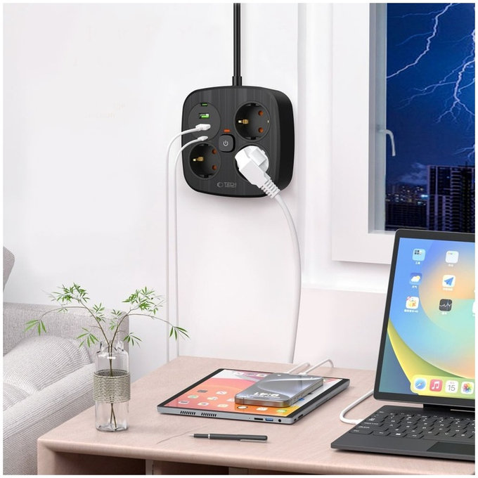 Predlžovací kábel PCS3X4 Power Strip, 2× USB + 2× USB-C, 3 zásuvky, 200 cm, čierna, Tech-Protect