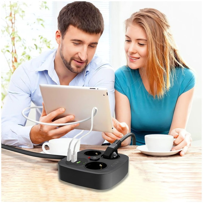 Predlžovací kábel PCS3X4 Power Strip, 2× USB + 2× USB-C, 3 zásuvky, 200 cm, čierna, Tech-Protect