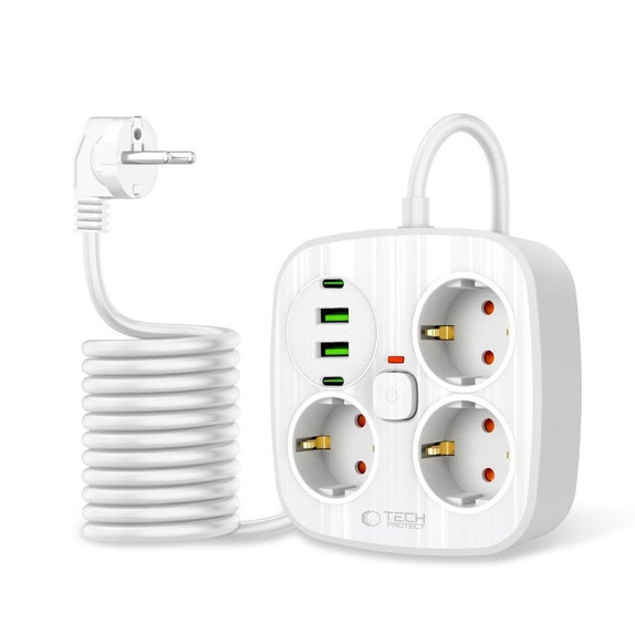 Predlžovací kábel PCS3X4 Power Strip, 2× USB + 2× USB-C, 3 zásuvky, 200 cm, biela, Tech-Protect