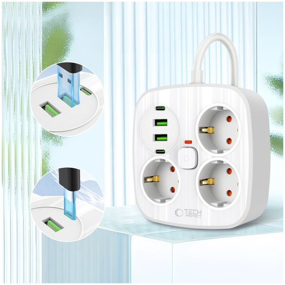 Predlžovací kábel PCS3X4 Power Strip, 2× USB + 2× USB-C, 3 zásuvky, 200 cm, biela, Tech-Protect