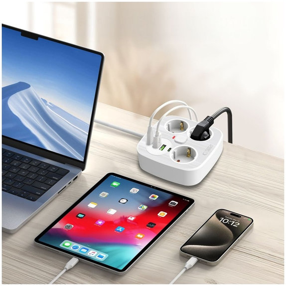 Predlžovací kábel PCS3X4 Power Strip, 2× USB + 2× USB-C, 3 zásuvky, 200 cm, biela, Tech-Protect