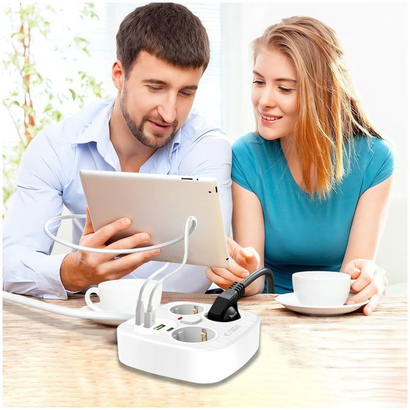 Predlžovací kábel PCS3X4 Power Strip, 2× USB + 2× USB-C, 3 zásuvky, 200 cm, biela, Tech-Protect