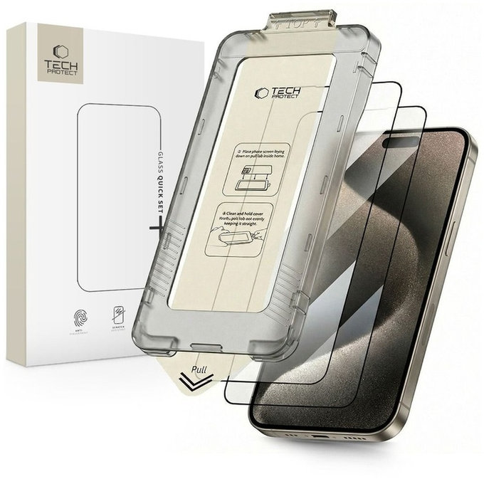 Tvrdené sklo (2ks) Quick Set+ pre iPhone 15 Pro, čierna, Tech-Protect