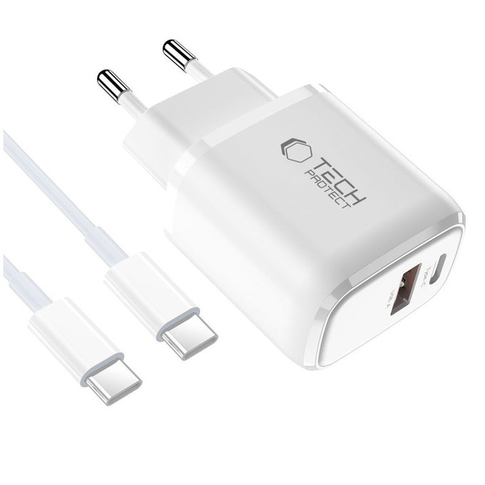 Sieťová nabíjačka NCA20 2-PORT PD 20W / QC3.0 + USB-C Cable, biela, Tech-Protect