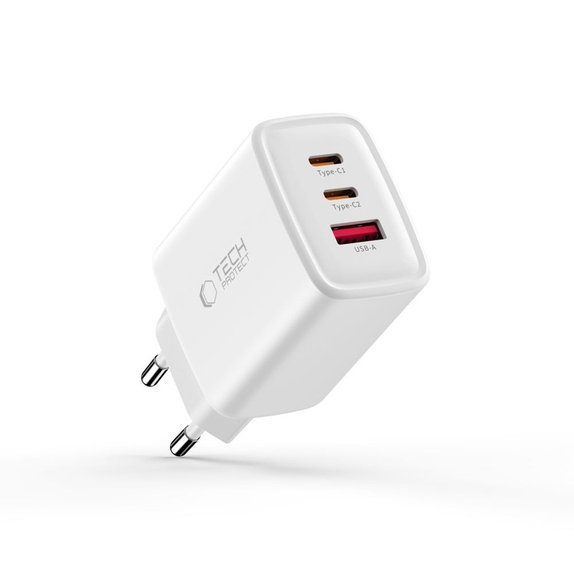 Sieťová nabíjačka NCA65W-GAN 3-PORT PD 65W / QC3.0, biela, Tech-Protect
