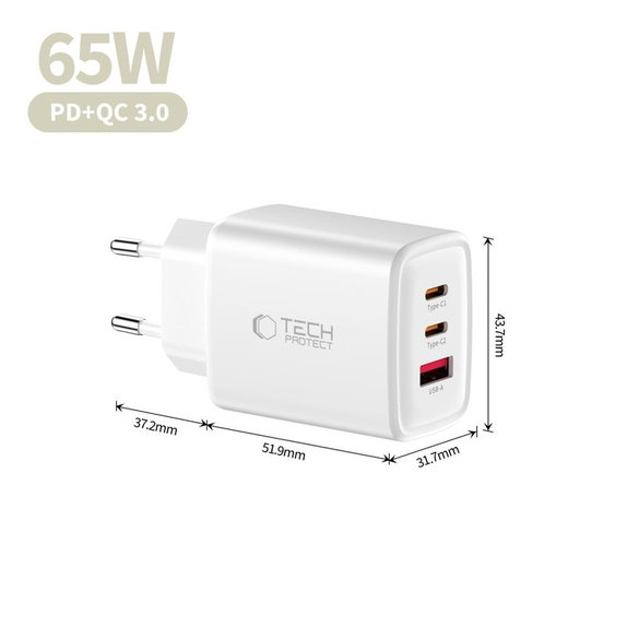 Sieťová nabíjačka NCA65W-GAN 3-PORT PD 65W / QC3.0, biela, Tech-Protect