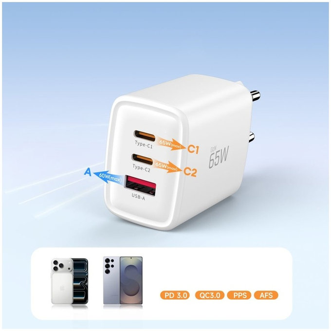 Sieťová nabíjačka NCA65W-GAN 3-PORT PD 65W / QC3.0, biela, Tech-Protect