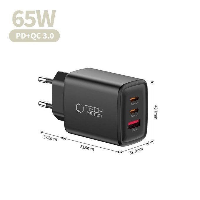 Sieťová nabíjačka NCA65W-GAN 3-PORT PD 65W / QC3.0, čierna, Tech-Protect