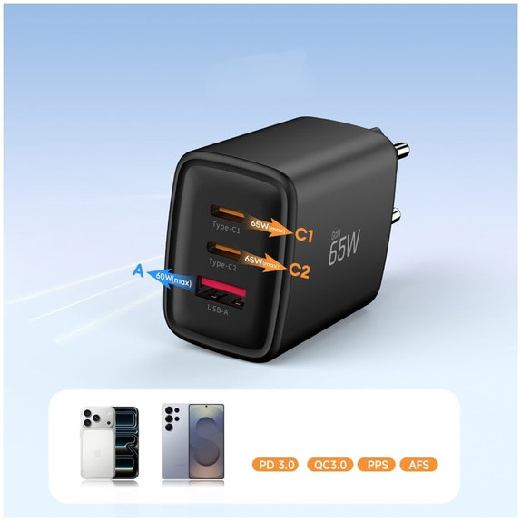 Sieťová nabíjačka NCA65W-GAN 3-PORT PD 65W / QC3.0, čierna, Tech-Protect