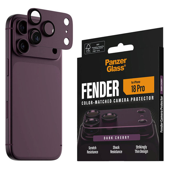 Ochranný kryt objektívu Fender pre iPhone 18 Pro, Dark cherry, PanzerGlass