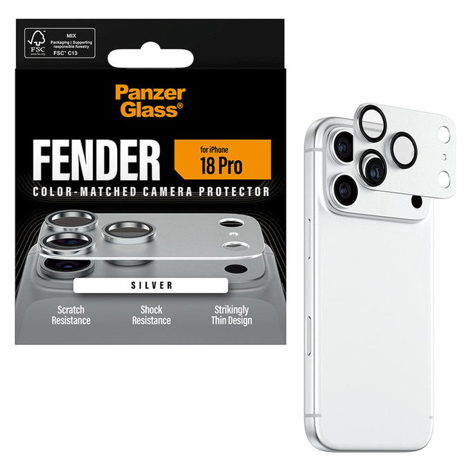 Ochranný kryt objektívu Fender pre iPhone 18 Pro, Strieborná, PanzerGlass