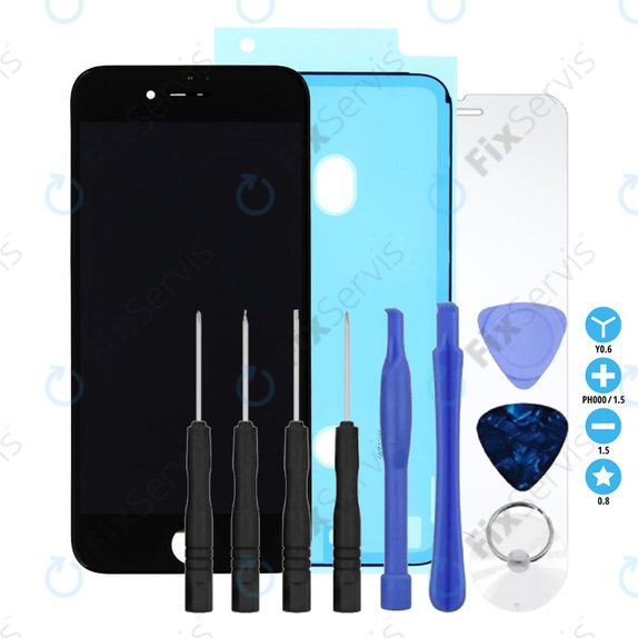 Displej In-Cell pre iPhone 8, SE (2020), SE (2022), Black, Dotykové sklo s rámom, Lepka (Adhesive), Tvrdené sklo, Sada náradia, FixPremium