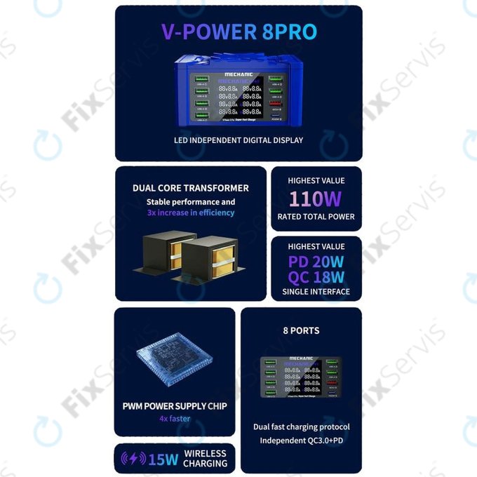 Mechanic V-Power 8 Pro - USB Servisná Nabíjacia Stanica s USB-C, USB 3.0