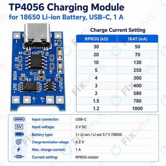 Nabíjací modul TP4056 pre 18650 Li-ion batériu, USB-C, 1 A