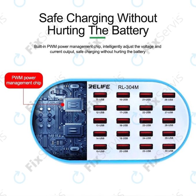 Relife RL-304M - Smart Servisná Nabíjacia Stanica - 30x USB / 160W