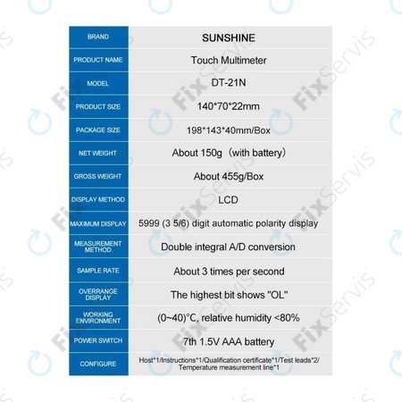 Sunshine DT-21N - Dotykový Multimeter
