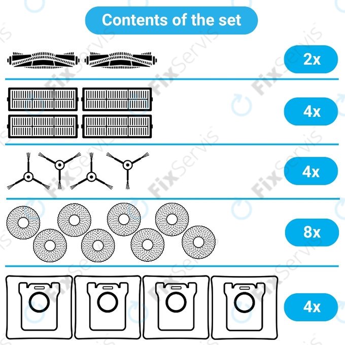 Sada náhradných dielov pre Xiaomi Dreame L10s Ultra, Xiaomi Dreame L10s Pro (2x Hlavná kefa, 4x Filter, 4x Bočná kefa, 8x Mopovacia utierka, 4x Prachové vrecko)