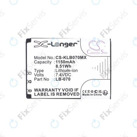 Batéria pre Kodak PIXPRO S1, AZ651, AZ652, AZ901, 1150mAh, Li-Ion, 7.4V, LB-070, HQ