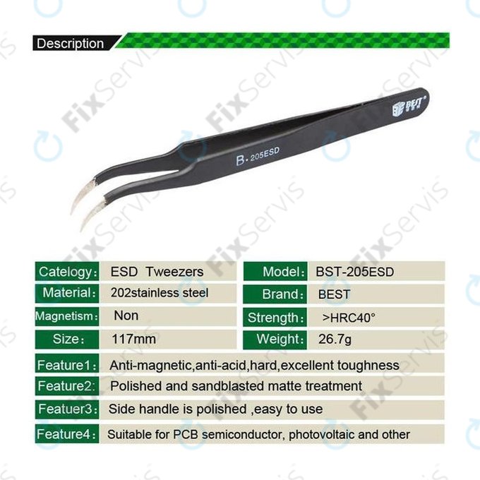 Best B-205ESD - ESD Kovová Pinzeta s Prehnutou Špičkou (117mm)