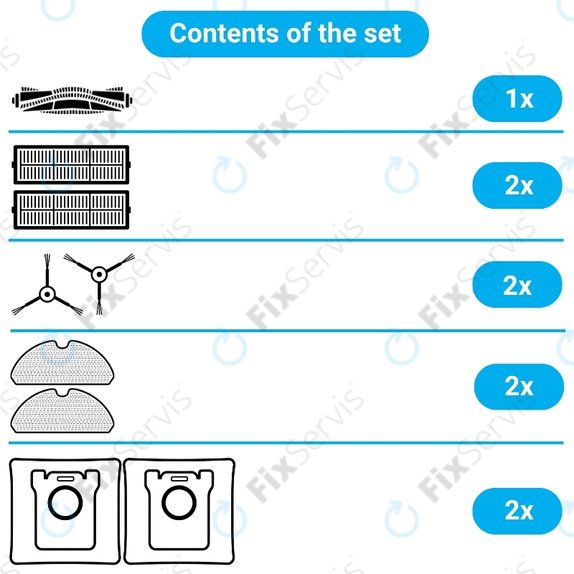 Sada náhradných dielov pre Xiaomi Roborock Q7+, Q7 Max, Q7 Max+ (1x Hlavná kefa, 2x Filter, 2x Bočná kefa - Biela, 2x Mopovacia utierka, 2x Prachové vrecko)