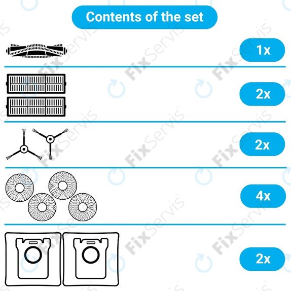 Sada náhradných dielov pre Xiaomi Robot Vacuum H40 - Complete set (1x Hlavná kefa, 2x Filter, 2x Bočná kefa, 4x Mopovacia utierka, 2x Prachové vrecko)