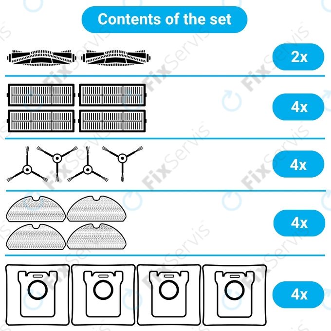 Sada náhradných dielov pre Xiaomi Roborock Q10 VF, Q10 VF+, S8 Pro, S8 Pro Plus (2x Hlavná kefa, 4x Filter, 4x Bočná kefa, 4x Mopovacia utierka, 4x Prachové vrecko)