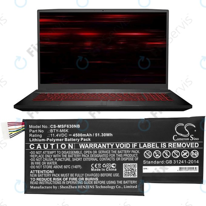 Batéria pre MSI GF63, MSI GF75, MSI GS63, 4500mAh, Li-Pol, 11.4V, BTY-M6K, HQ