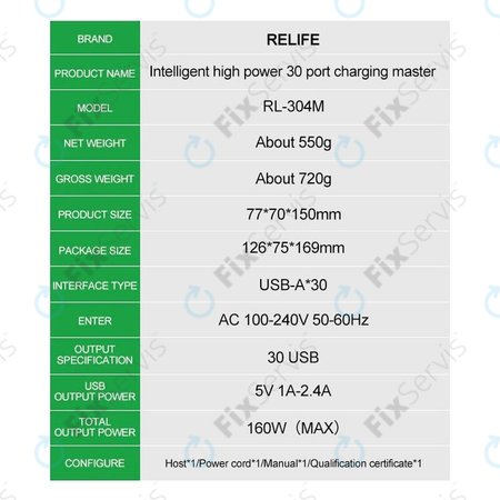 Relife RL-304M - Smart Servisná Nabíjacia Stanica - 30x USB / 160W