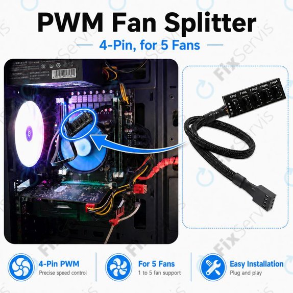PWM rozbočovač ventilátorov, 4-pin, 5-portový