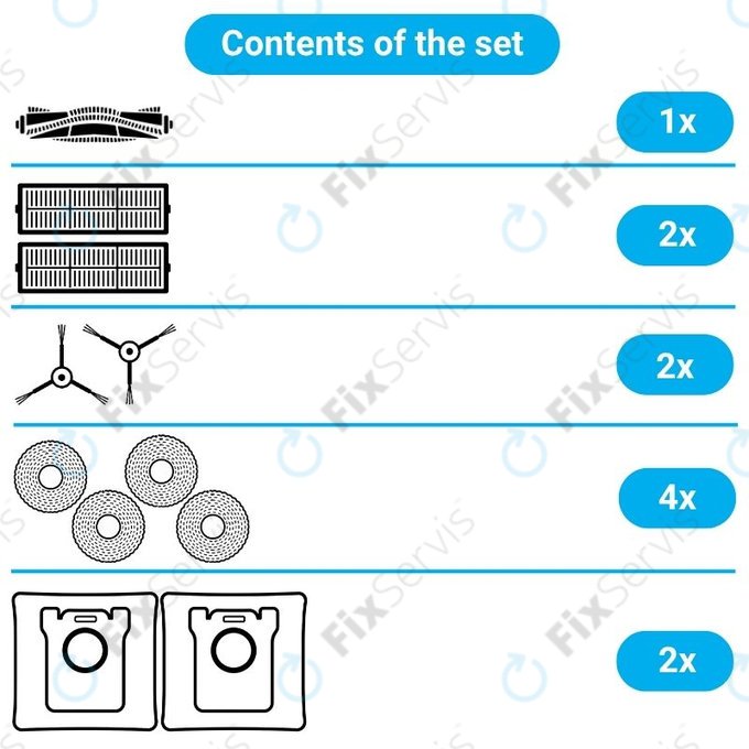 Sada náhradných dielov pre Xiaomi Robot Vacuum X10 (1x Hlavná kefa, 2x Filtre, 2x Bočné kefy, 2x Mopovacie utierky, 2x Prachové vrecká)