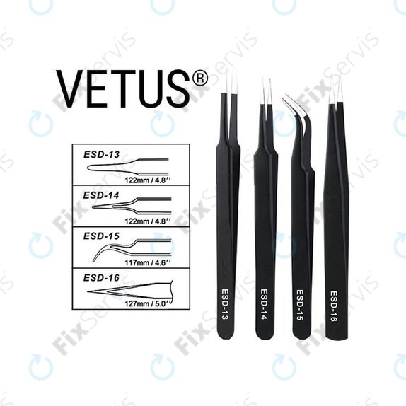 Vetus ESD-15 - Antistatická Kovová Pinzeta s Prehnutou Špičkou (120mm)