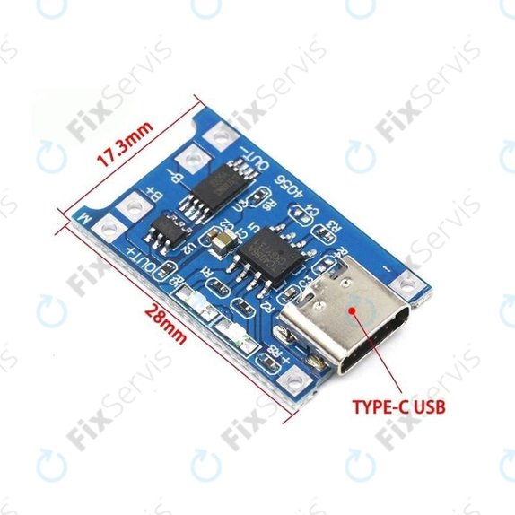 Nabíjací modul TP4056 pre 18650 Li-ion batériu, USB-C, 1 A