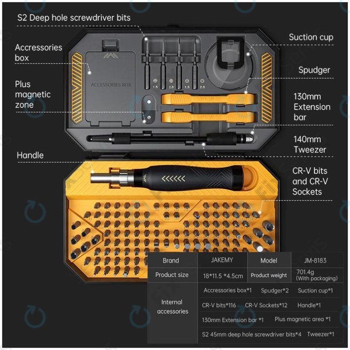 Jakemy JM-8183 - Sada Precízneho Náradia pre Servis Mobilných Telefónov, Tabletov a Počítačov