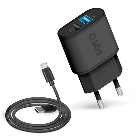 SBS - 10W Nabíjací Adaptér 2x USB + Kábel USB / USB-C, čierna