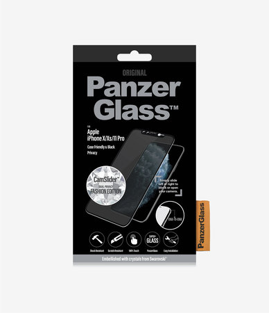 PanzerGlass - Tvrdené sklo Privacy Case Friendly CamSlider Swarovski pre iPhone 11 Pro/XS/X, čierna