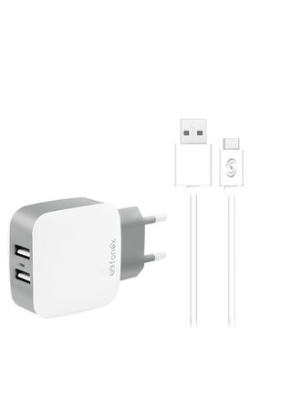 Fonex - Nabíjací Adaptér 2x USB + Kábel USB / USB-C, 10W, biela
