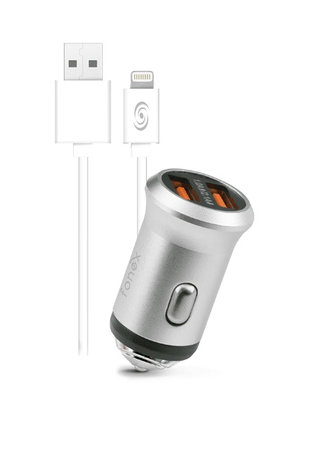 Fonex - AutoNabíjačka 2x USB + Kábel USB / Lightning, 10W, strieborná