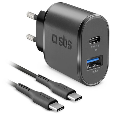 SBS - 18W Nabíjací Adaptér USB, USB-C + Kábel USB-C / USB-C, čierna