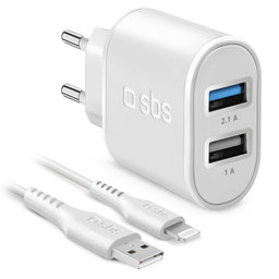 SBS - 10W Nabíjací Adaptér 2x USB + Kábel USB / Lightning, biela