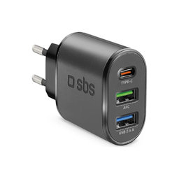 SBS - 30W Nabíjací Adaptér 2x USB, USB-C PowerDelivery, čierna