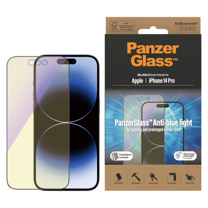 Tvrdené sklo UWF Anti-Bluelight AB s aplikátorom pre iPhone 14 Pro, Čierna, PanzerGlass